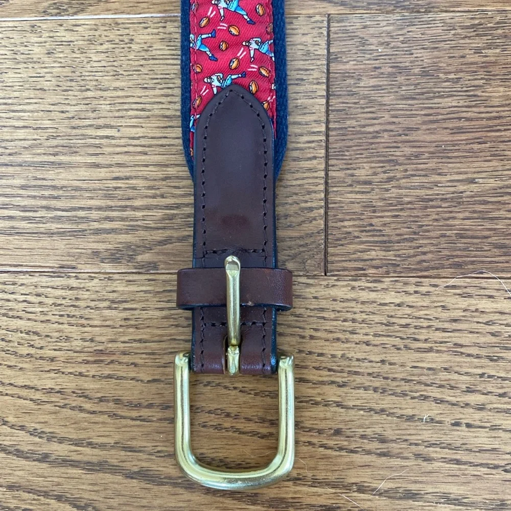 Vineyard Vines Football Belt Brown Leather Silk Print Sz 28